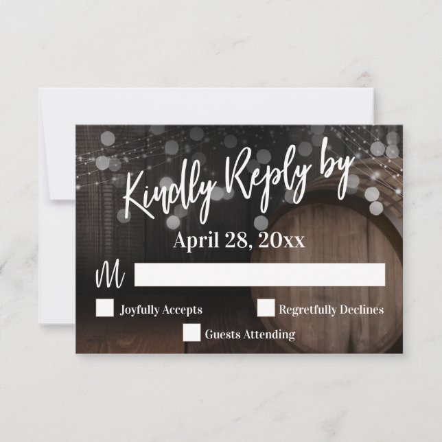 Kindly Reply by Handwriting Wooden Barrel & Lights RSVP Card (Front)