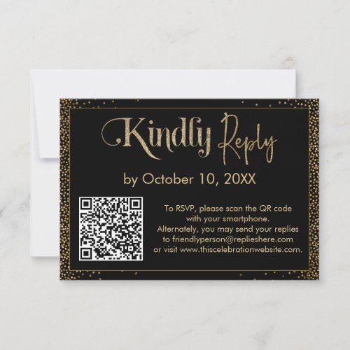 Kindly Reply Festive Confetti QR Code on Black RSVP Card