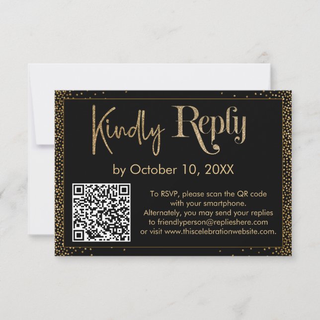 Kindly Reply Festive Confetti QR Code on Black RSVP Card (Front)