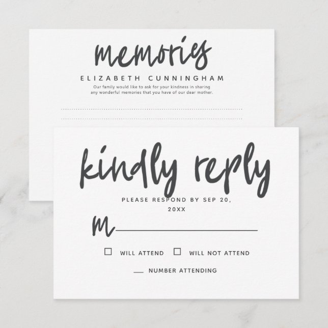 Kindly Reply Simple Modern Memories Memorial RSVP Card (Front/Back)