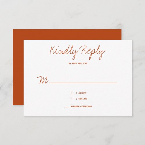 Kindly Reply Typography Burnt Orange Wedding RSVP Card