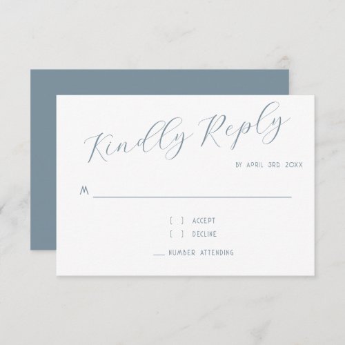 Kindly Reply Typography Dusty Blue Wedding RSVP Card