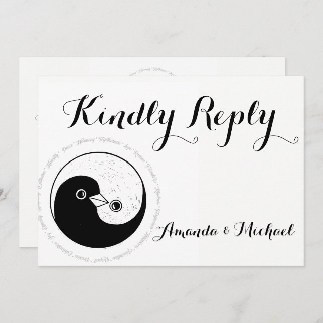 KINDLY REPLY WEDDING CARD b/w YinYang doves Harmo (Front/Back)
