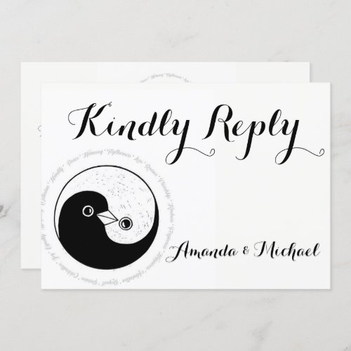 KINDLY REPLY WEDDING CARD bw YinYang doves Harmo