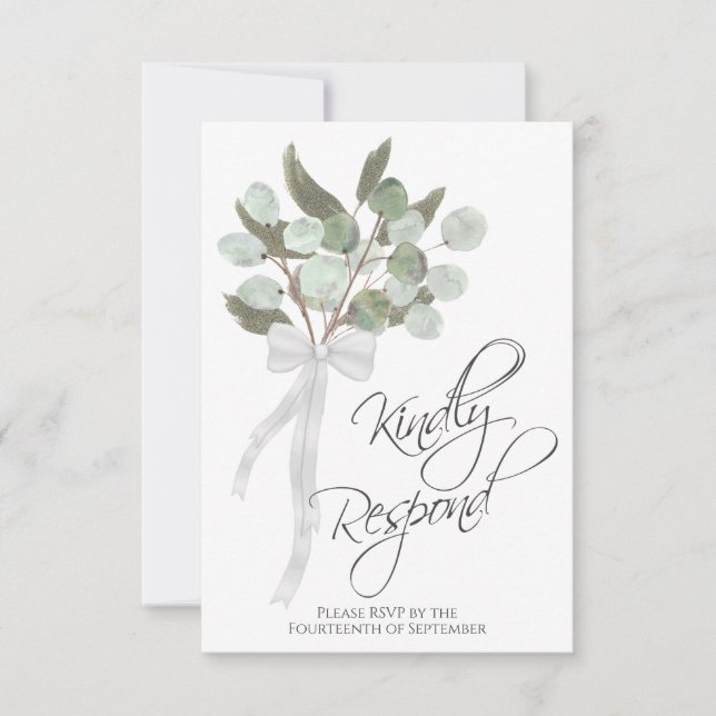Kindly Respond Rustic Eucalyptus Bouquet Wedding RSVP Card (Front)