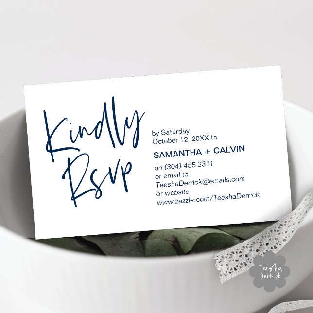 Kindly RSVP Modern Minimalist Wedding Invitation (Kindly RSVP Modern Minimalist Wedding Dinner Invites Reminder Enclosed Card Phone Email Navy Blue)