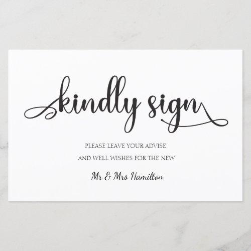 Kindly sign Black White guest book Wedding Sign