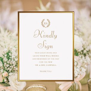 Kindly Sign Monogram Wedding Guest Book Gold White