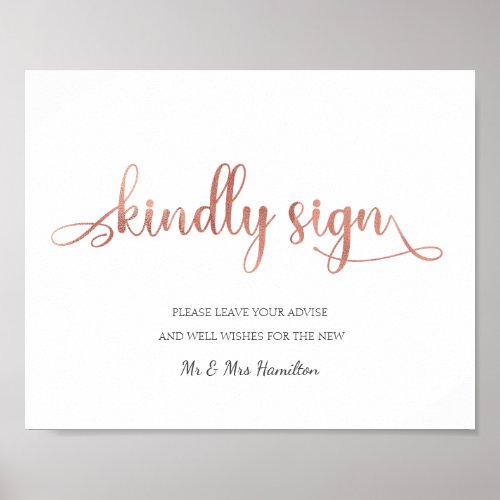Kindly sign rose gold guest book Wedding Sign