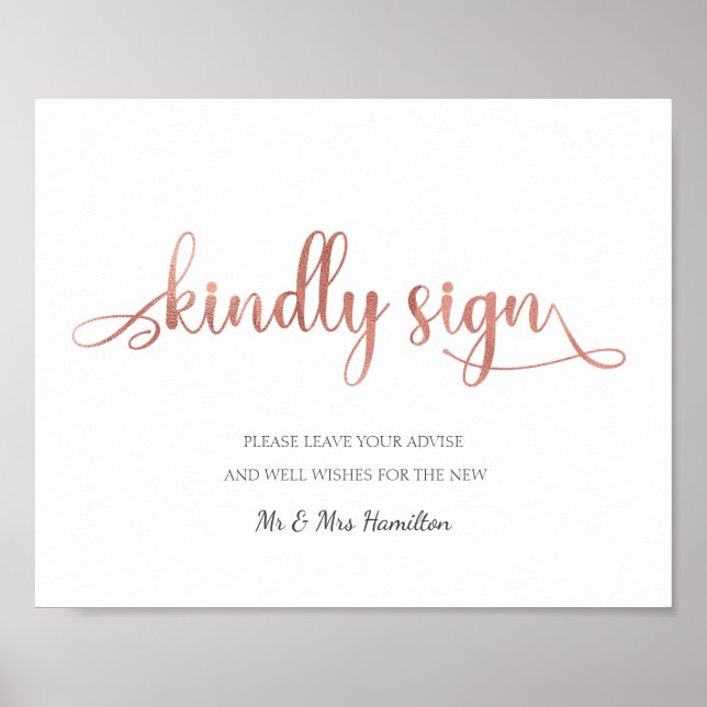 "Kindly sign" rose gold guest book Wedding Sign (Front)