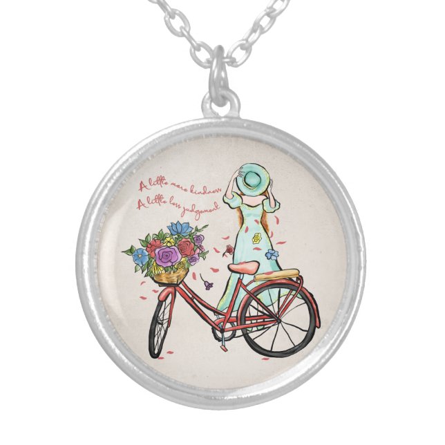 Kindness affirmation girl bicycle flowers pretty silver plated necklace (Front)