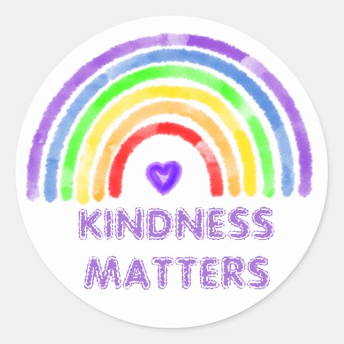 Kindness Matters  Rainbow and Heart Watercolor   Classic Round Sticker