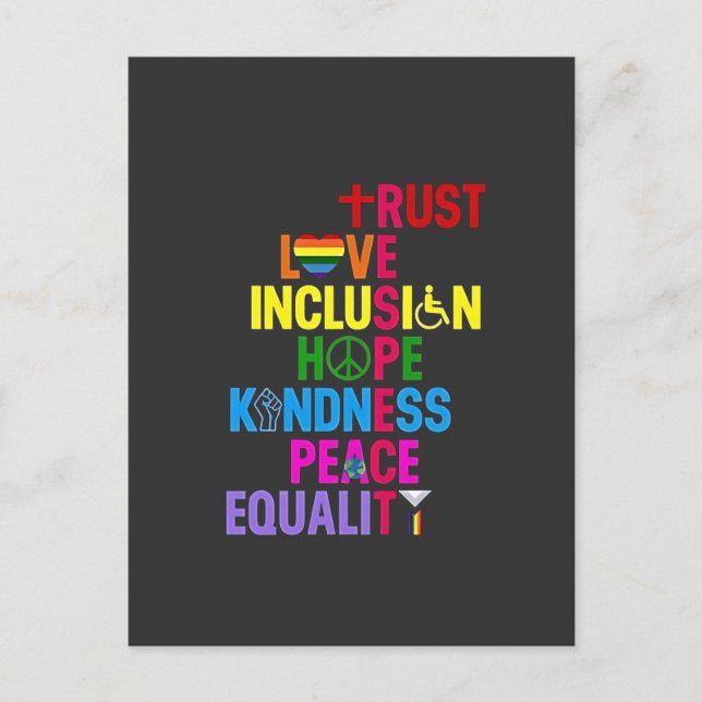 Kindness Peace Equality Love Inclusion Hope   Announcement Postcard (Front)