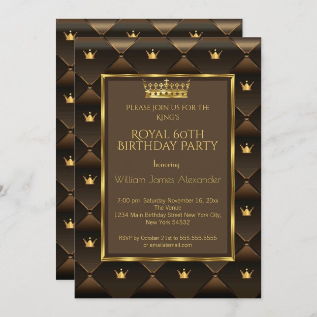 King 60th Birthday Party Crown Gold Choc Brown Invitation (Front/Back)