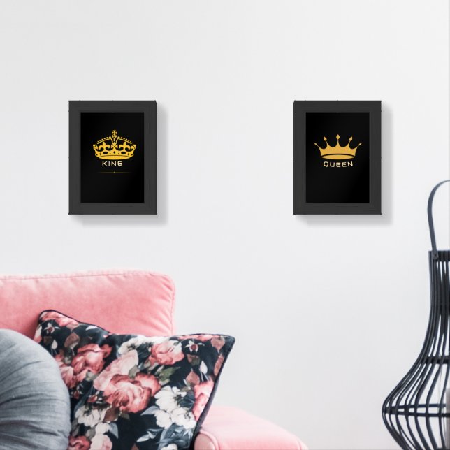 KING and QUEEN Text Printed with Crown Image Set2  Wall Art Sets (Livingroom)