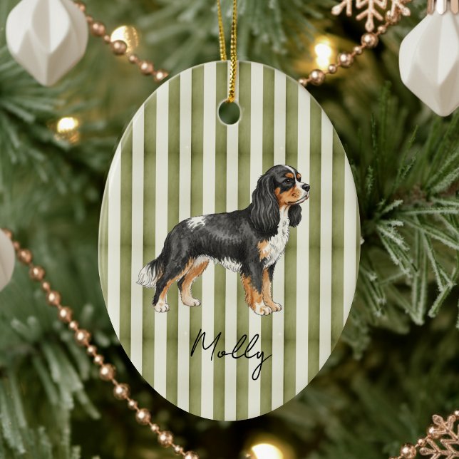King Cavalier Christmas Ceramic Ornament (Celebrate the holidays with this timeless, vintage striped pet portrait! )