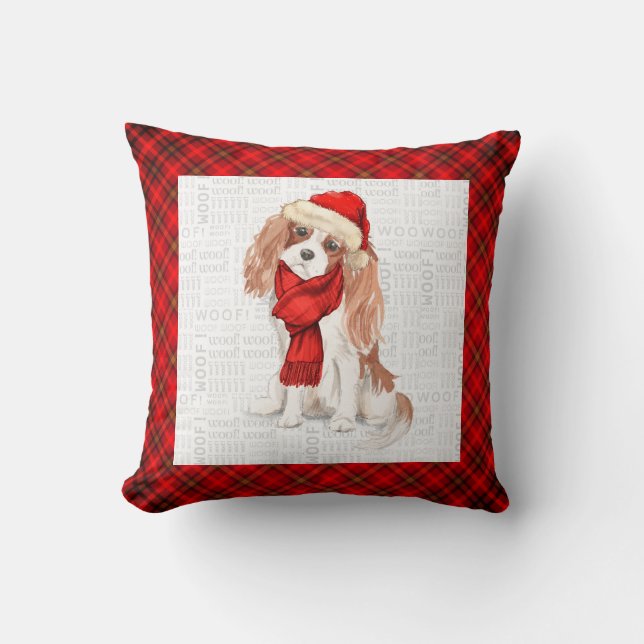 King Charles and Red Plaid Christmas Dog Throw Pil Throw Pillow (Front)