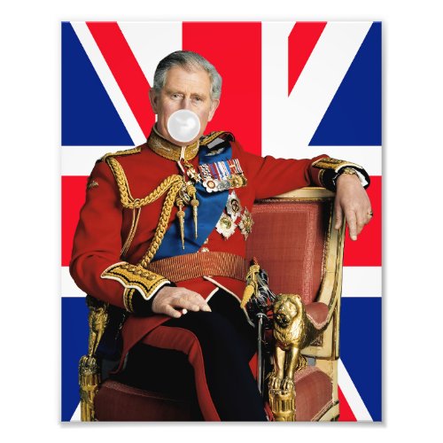 King Charles Blowing White Bubble gum British flag Photo Print