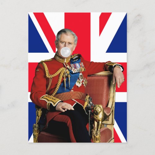 King Charles Blowing White Bubble gum British flag Postcard
