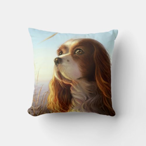 King Charles cavalier dog in autumn painting Throw Pillow