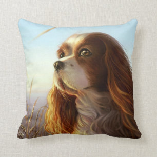 King Charles cavalier dog in autumn painting Throw Pillow
