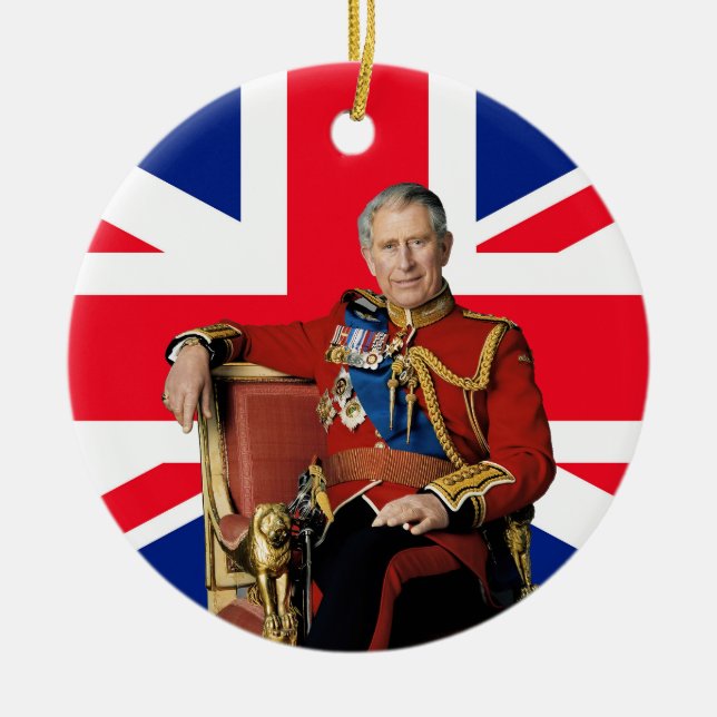 King Charles III British flag Christmas Greeting Ceramic Ornament (Front)