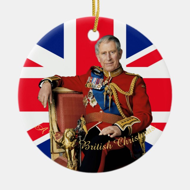 King Charles III British flag Christmas Greeting Ceramic Ornament (Front)