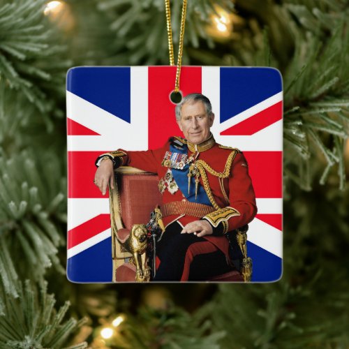King Charles III British flag Christmas Greeting Ceramic Ornament