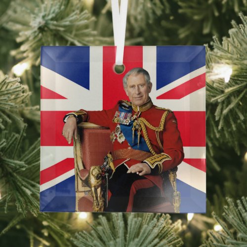 King Charles III British flag Christmas Greeting Glass Ornament