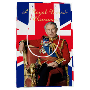 King Charles III British flag Christmas Greeting Medium Gift Bag