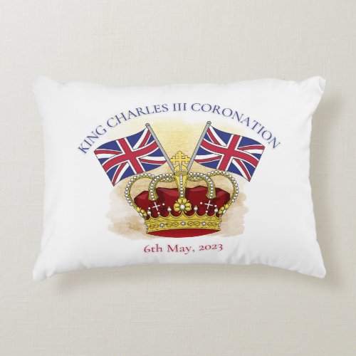King Charles III Coronation Crown and Flags Accent Pillow