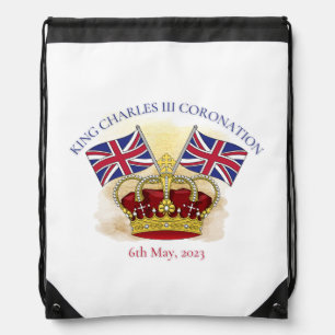 King Charles III Coronation Crown and Flags Drawstring Bag
