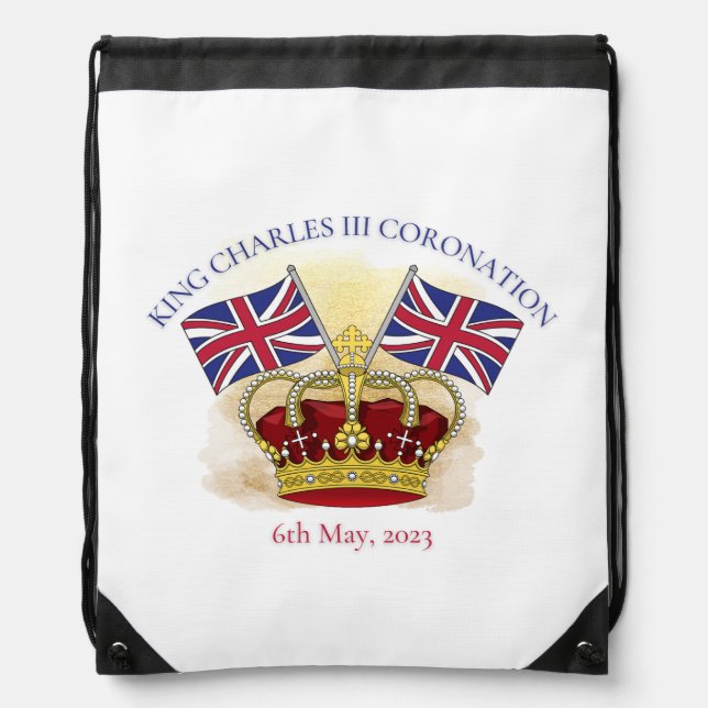 King Charles III Coronation Crown and Flags Drawstring Bag (Front)