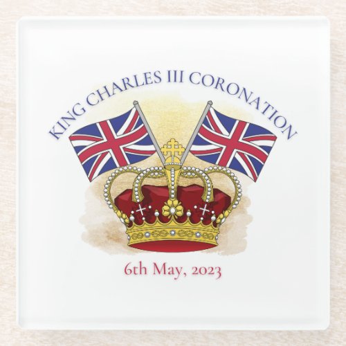 King Charles III Coronation Crown and Flags Glass Coaster