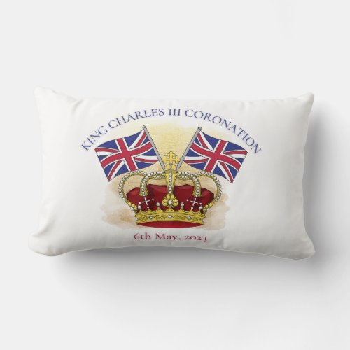 King Charles III Coronation Crown and Flags Lumbar Pillow