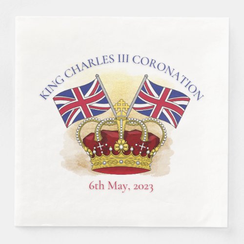 King Charles III Coronation Crown and Flags Paper Dinner Napkins
