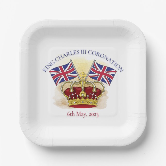 King Charles III Coronation Crown and Flags Paper Plates (Front)