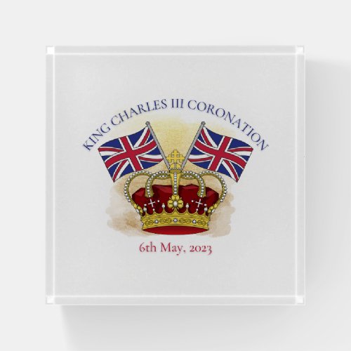 King Charles III Coronation Crown and Flags Paperweight