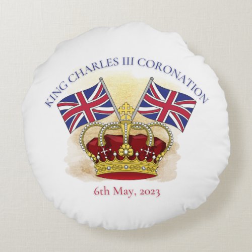 King Charles III Coronation Crown and Flags Round Pillow