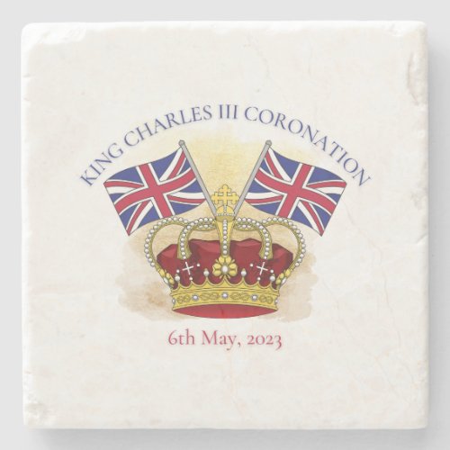 King Charles III Coronation Crown and Flags Stone Coaster