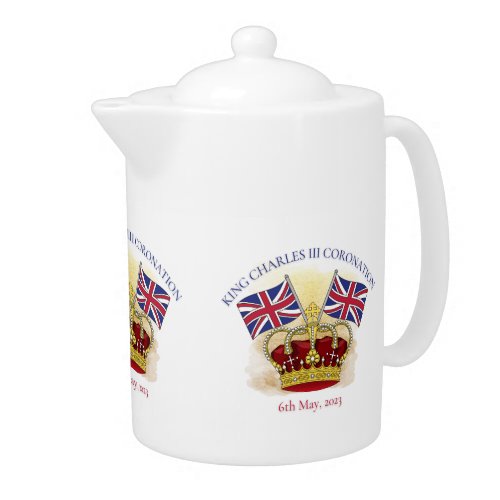 King Charles III Coronation Crown and Flags Teapot