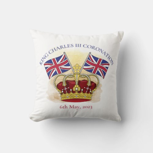 King Charles III Coronation Crown and Flags Throw Pillow