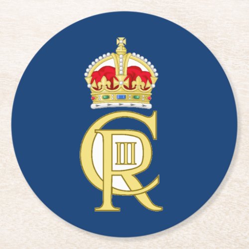 King Charles III Coronation Cypher Blue Round Paper Coaster