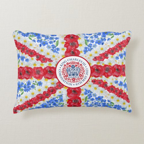King Charles III Coronation Emblem Floral UK Flag Accent Pillow