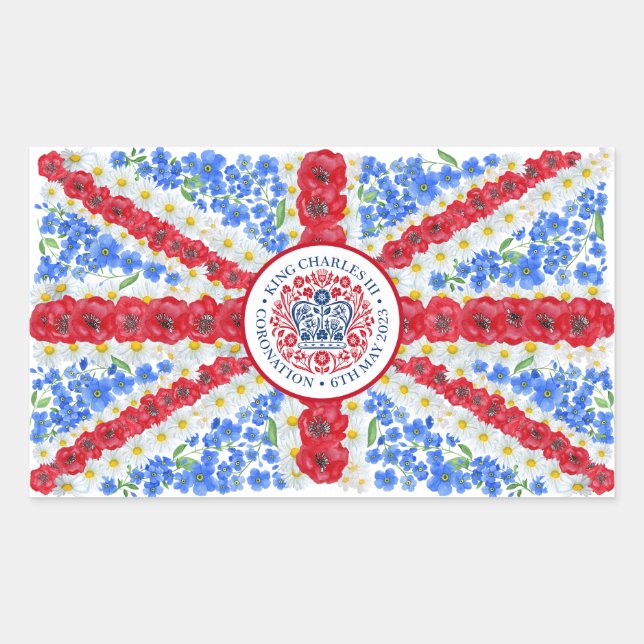 King Charles III Coronation Emblem Floral UK Flag Rectangular Sticker (Front)