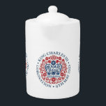 King Charles III Coronation logo Commemorative Teapot<br><div class="desc">King Charles III Coronation logo on white background. The logo represents the four nations of the United Kingdom via the national flowers of each — the rose of England,  the thistle of Scotland,  the daffodil of Wales and the shamrock of Northern Ireland.</div>