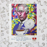 King Charles III Fun Custom Text Coronation Party  Jigsaw Puzzle<br><div class="desc">This fun design is in celebration of the coronation of His Majesty King Charles III on 6th May 2023. It has a fun, colorful image of His Majesty King Charless III with a colorful background, a teacup containing tea and a teapot tilted to pour out the tea. A perfect reminder...</div>