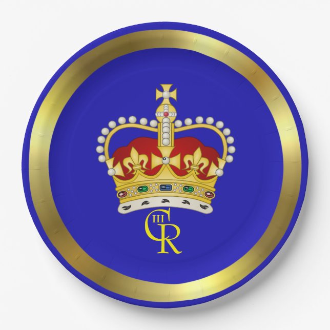  King Charles III Monogram and Crown Paper Plate (Front)