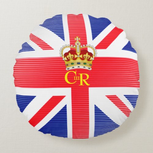 King Charles III Monogram and Crown Round Pillow