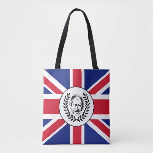 King Charles III on British Union Jack Flag Tote Bag